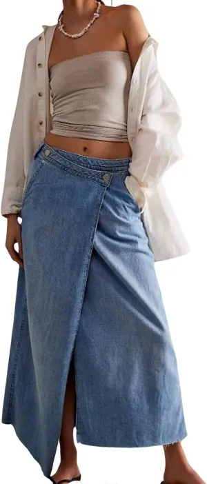 loveimgs Women Long Denim Skirt Wrap Blue Jean Maxi Skirt Mid Rise Flared A Line Skirt with Pockets Asymmetrical Skirts