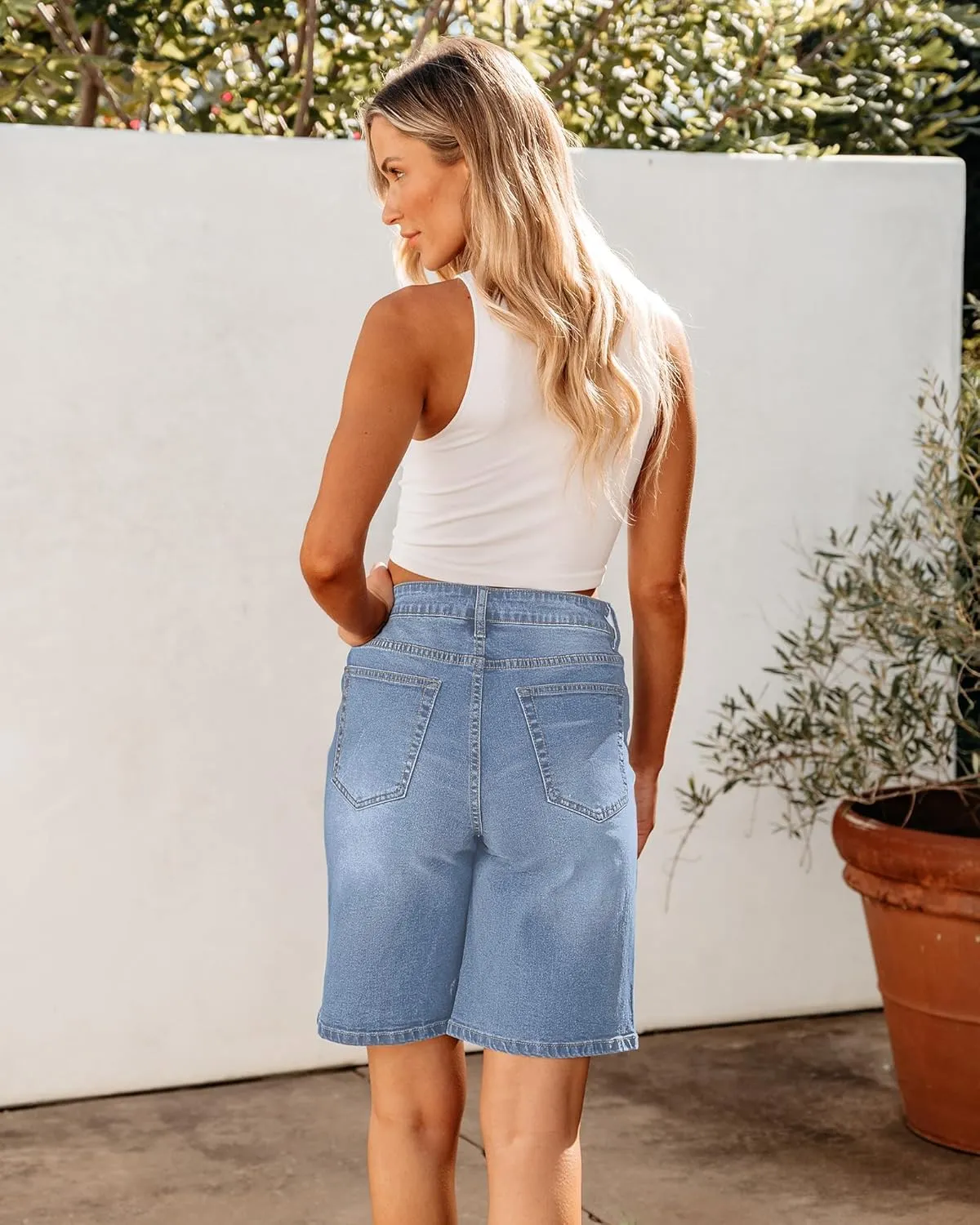 luvamia Bermuda Jean Shorts for Women High Waisted Trendy Stretchy Denim Shorts Knee Length Cutoff Loose Fit Long Shorts
