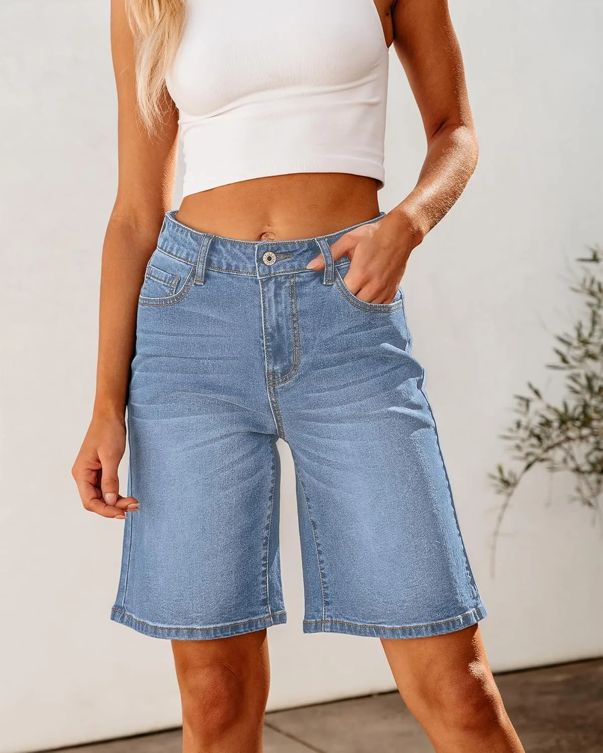 luvamia Bermuda Jean Shorts for Women High Waisted Trendy Stretchy Denim Shorts Knee Length Cutoff Loose Fit Long Shorts