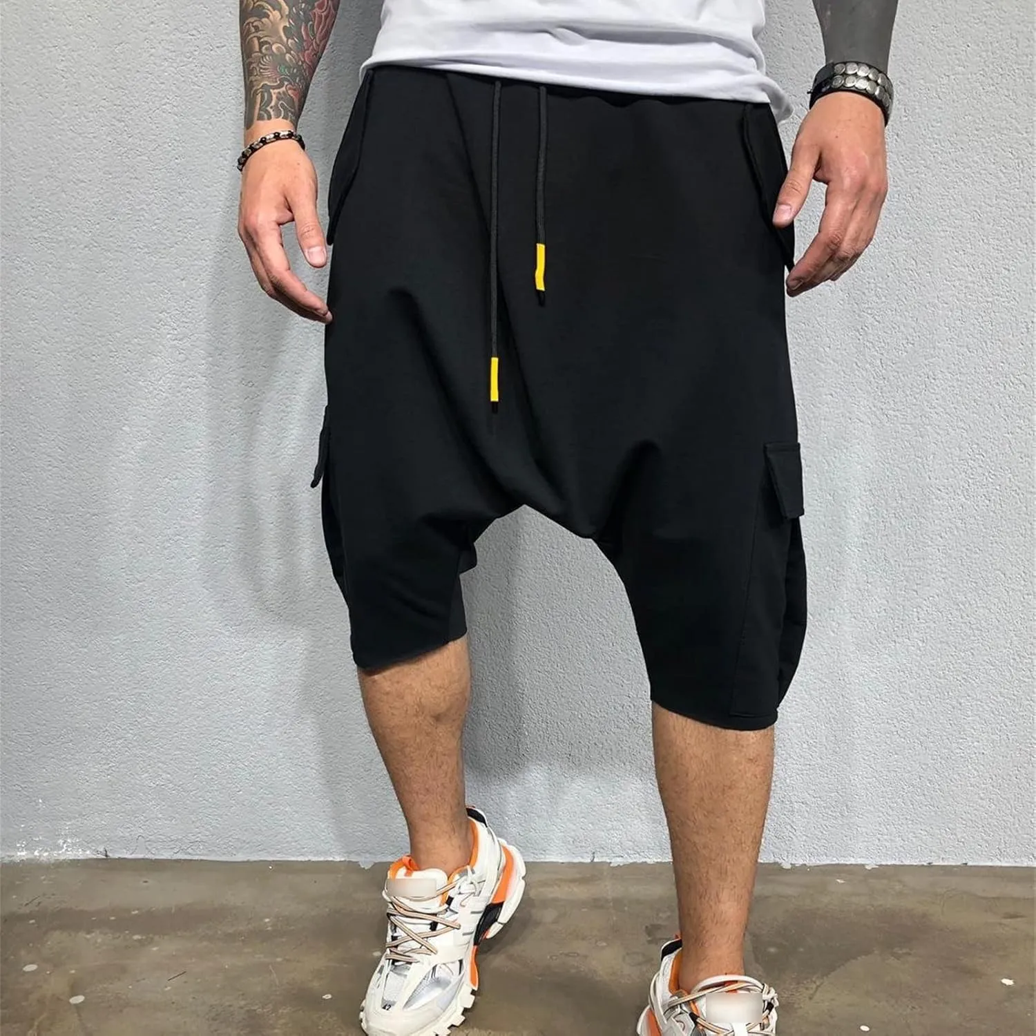 Maiyifu-GJ Men's Baggy Low Crotch 3/4 Joggers Hippie Harem Jogger Capri Pants Multi Pockets Drop Crotch Yoga Sweatpants