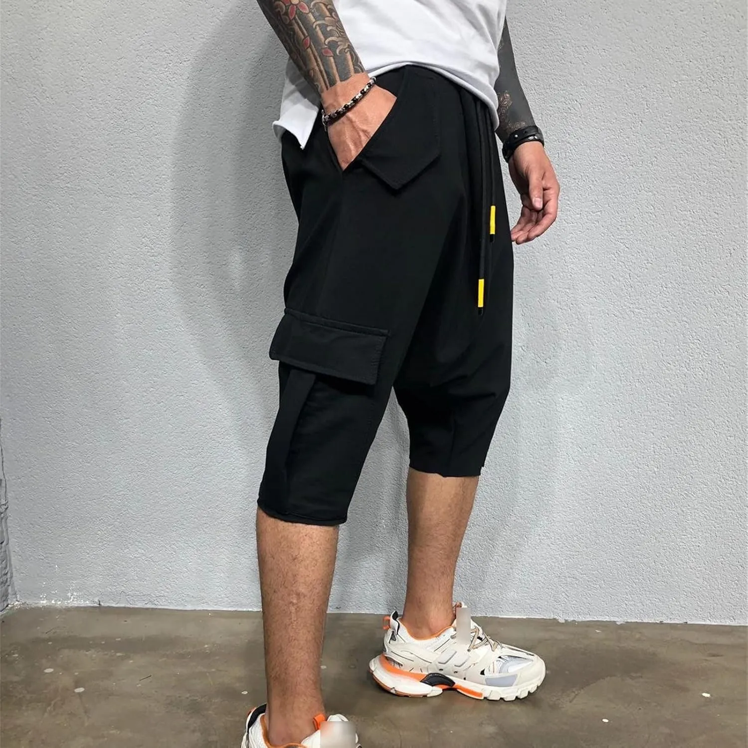 Maiyifu-GJ Men's Baggy Low Crotch 3/4 Joggers Hippie Harem Jogger Capri Pants Multi Pockets Drop Crotch Yoga Sweatpants
