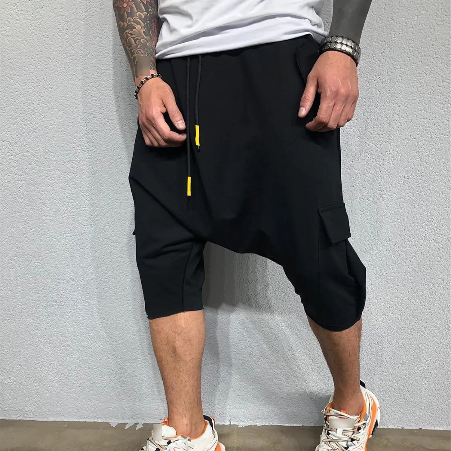Maiyifu-GJ Men's Baggy Low Crotch 3/4 Joggers Hippie Harem Jogger Capri Pants Multi Pockets Drop Crotch Yoga Sweatpants