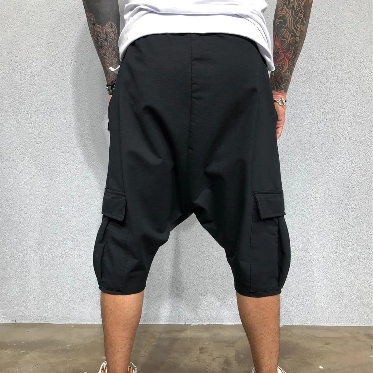 Maiyifu-GJ Men's Baggy Low Crotch 3/4 Joggers Hippie Harem Jogger Capri Pants Multi Pockets Drop Crotch Yoga Sweatpants