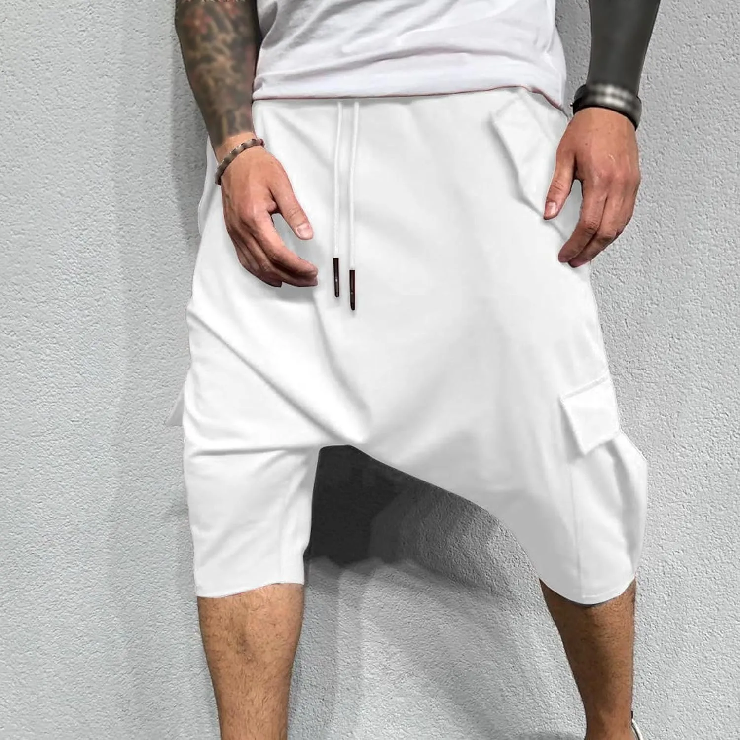 Maiyifu-GJ Men's Baggy Low Crotch 3/4 Joggers Hippie Harem Jogger Capri Pants Multi Pockets Drop Crotch Yoga Sweatpants