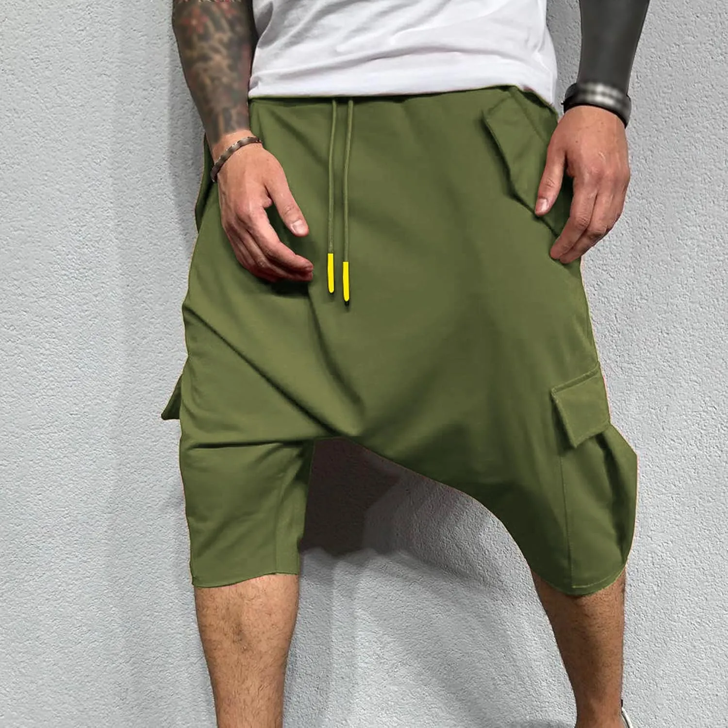 Maiyifu-GJ Men's Baggy Low Crotch 3/4 Joggers Hippie Harem Jogger Capri Pants Multi Pockets Drop Crotch Yoga Sweatpants