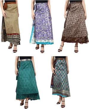 Maple Clothing Women's Indian Vintage Silk Sari Two Layers Magic Wrap Around Skirts Boho Multicolored Wholesale