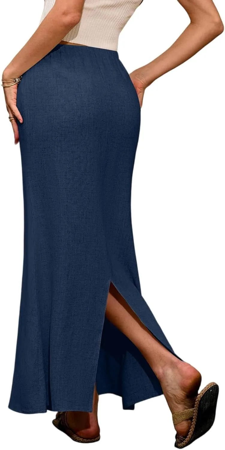 Maxi Linen Flare Skirts for Women Trendy Summer with Slit Long Flowy Drawstring Elastic Waist Low Rise A Line Skorts