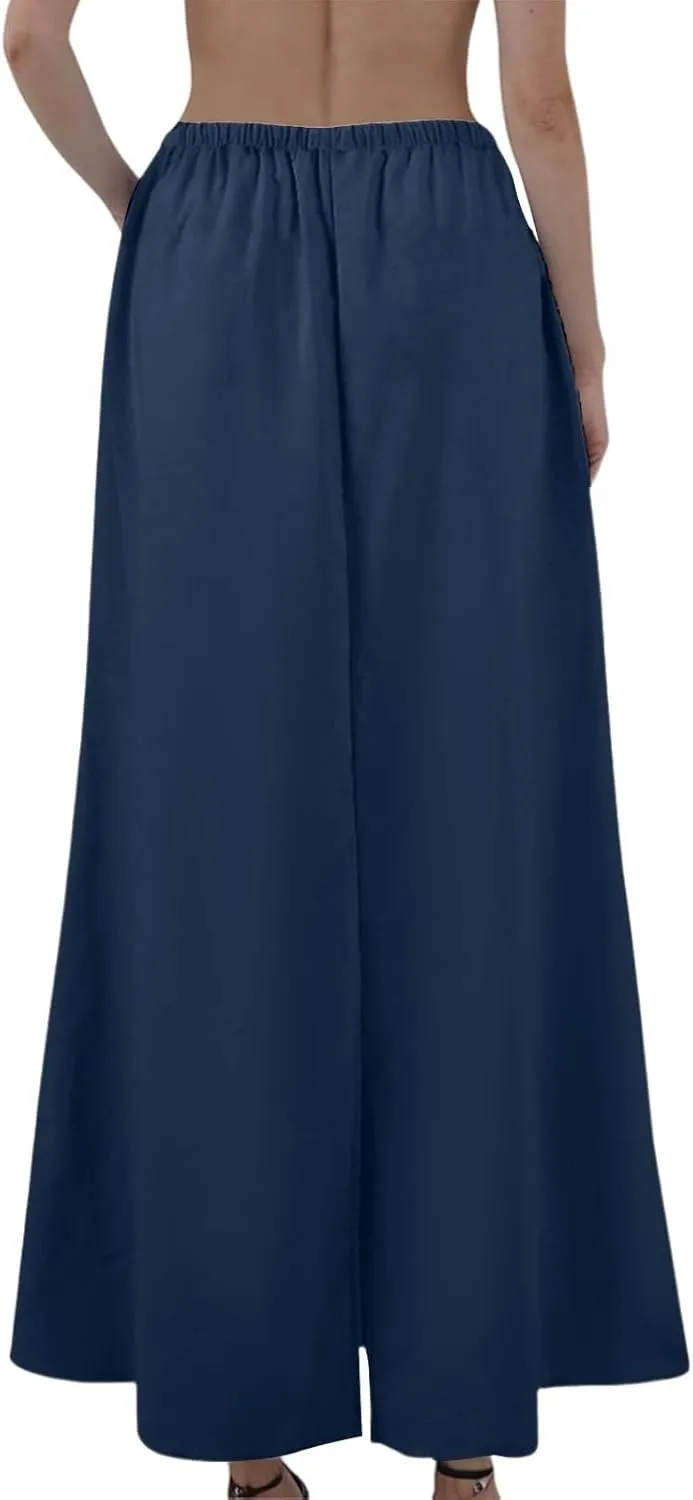 Maxi Linen Flare Skirts for Women Trendy Summer with Slit Long Flowy Drawstring Elastic Waist Low Rise A Line Skorts