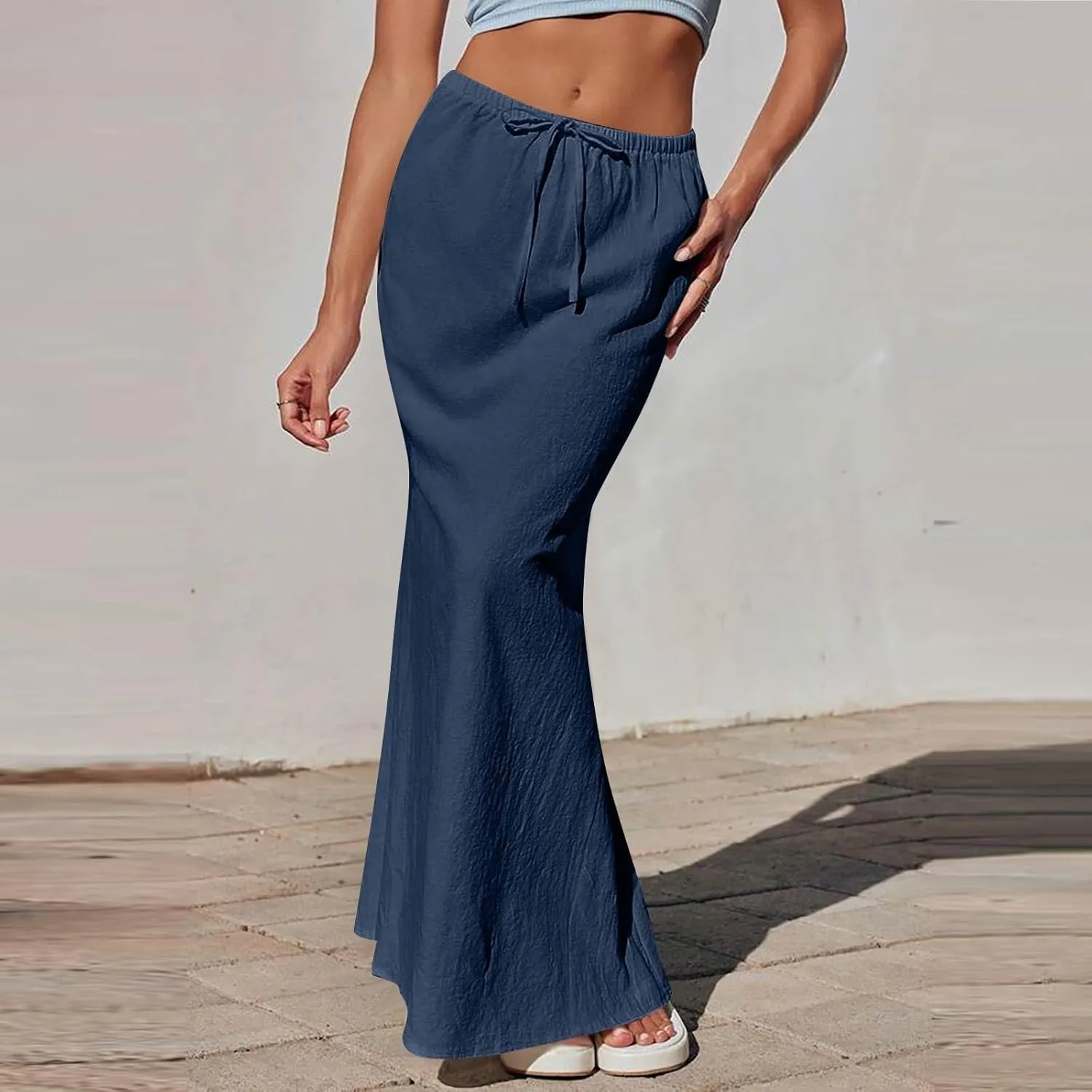 Maxi Linen Flare Skirts for Women Trendy Summer with Slit Long Flowy Drawstring Elastic Waist Low Rise A Line Skorts