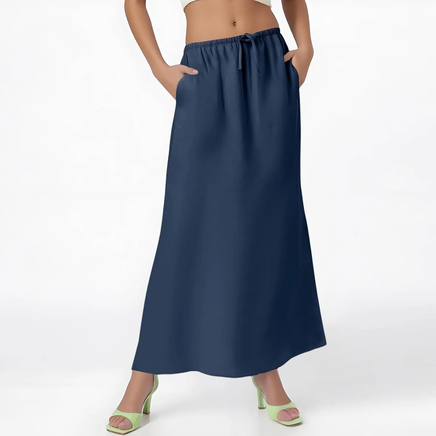 Maxi Linen Flare Skirts for Women Trendy Summer with Slit Long Flowy Drawstring Elastic Waist Low Rise A Line Skorts