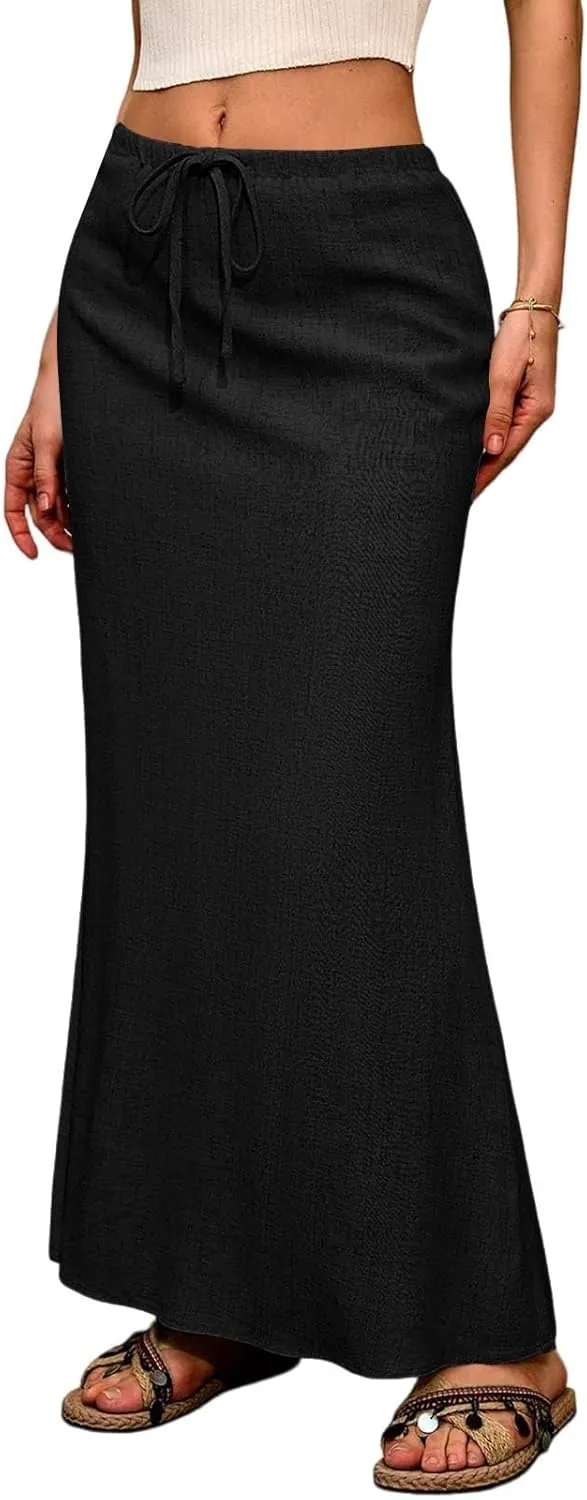 Maxi Linen Flare Skirts for Women Trendy Summer with Slit Long Flowy Drawstring Elastic Waist Low Rise A Line Skorts