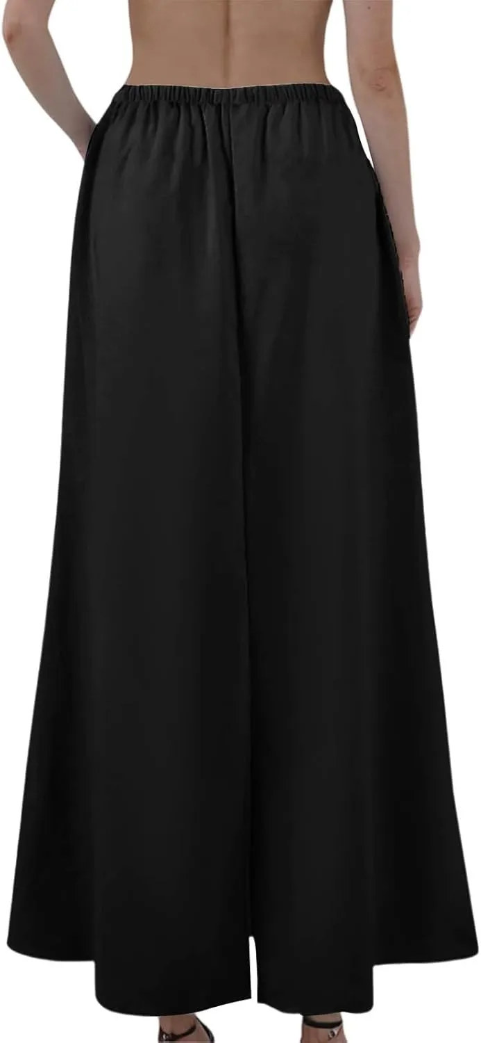 Maxi Linen Flare Skirts for Women Trendy Summer with Slit Long Flowy Drawstring Elastic Waist Low Rise A Line Skorts