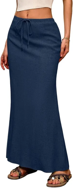 Maxi Linen Flare Skirts for Women Trendy Summer with Slit Long Flowy Drawstring Elastic Waist Low Rise A Line Skorts