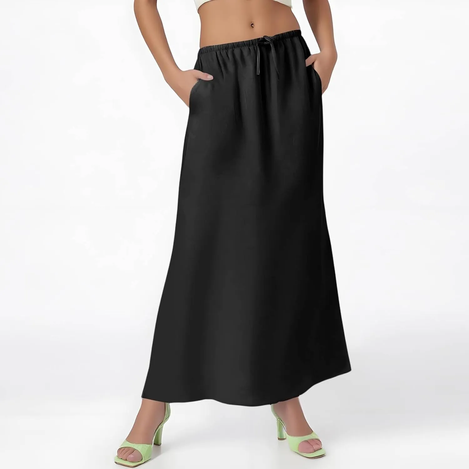 Maxi Linen Flare Skirts for Women Trendy Summer with Slit Long Flowy Drawstring Elastic Waist Low Rise A Line Skorts