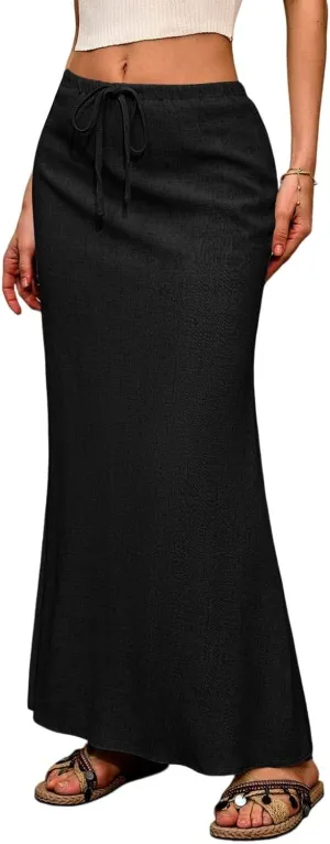 Maxi Linen Flare Skirts for Women Trendy Summer with Slit Long Flowy Drawstring Elastic Waist Low Rise A Line Skorts