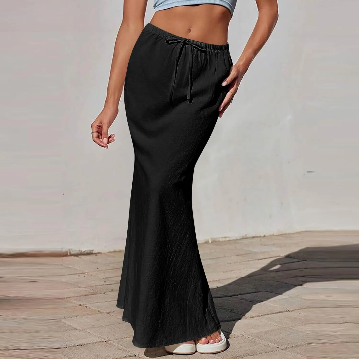 Maxi Linen Flare Skirts for Women Trendy Summer with Slit Long Flowy Drawstring Elastic Waist Low Rise A Line Skorts