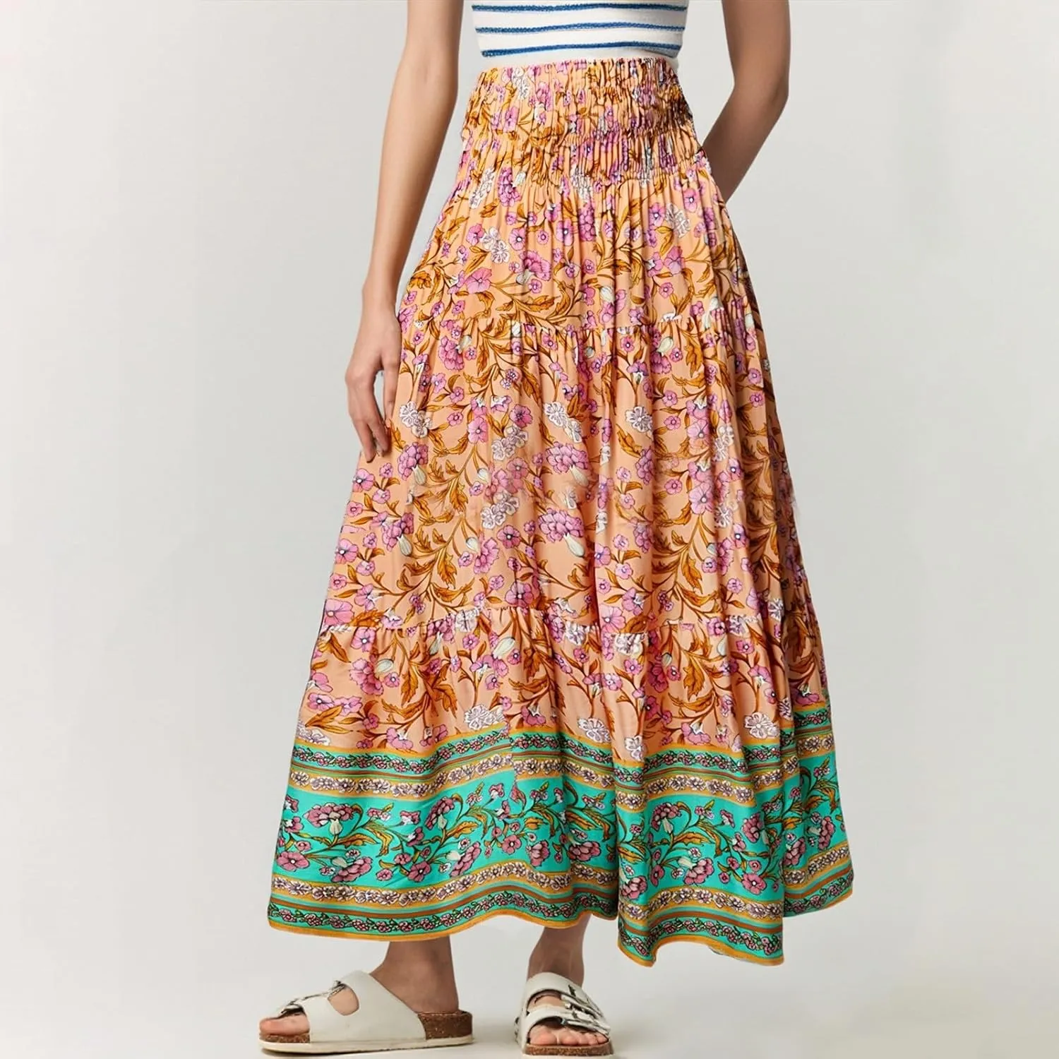 Maxi Skirt for Women Boho Summer Tiered Drawstring High Waisted Skirts Pleated Aline Skirts Elegant Long Skirt
