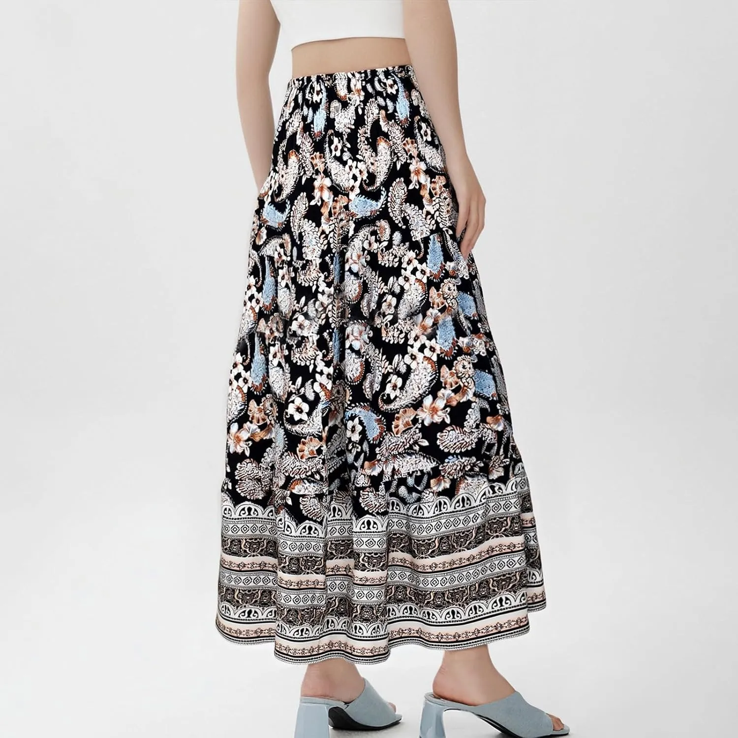 Maxi Skirt for Women Boho Summer Tiered Drawstring High Waisted Skirts Pleated Aline Skirts Elegant Long Skirt
