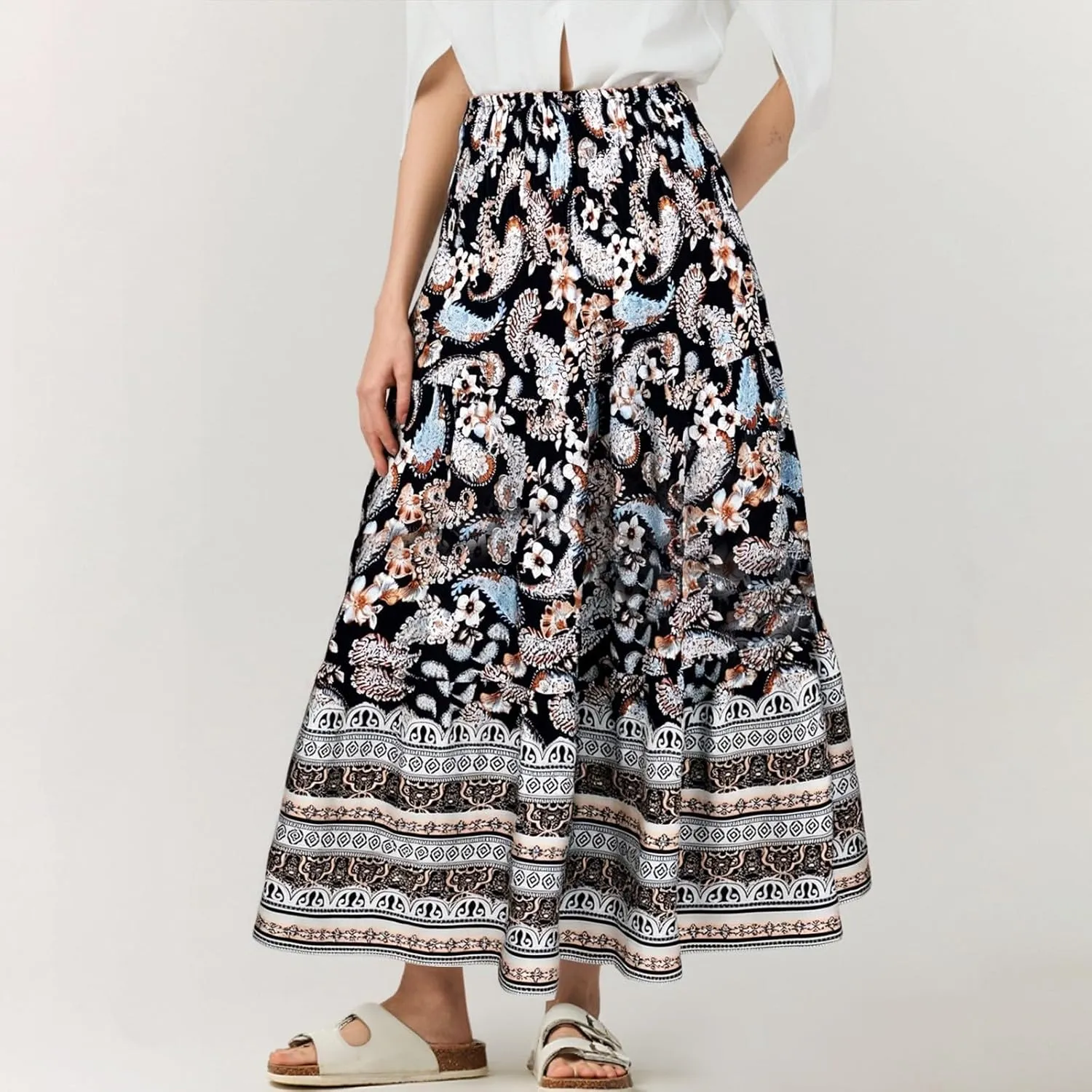 Maxi Skirt for Women Boho Summer Tiered Drawstring High Waisted Skirts Pleated Aline Skirts Elegant Long Skirt