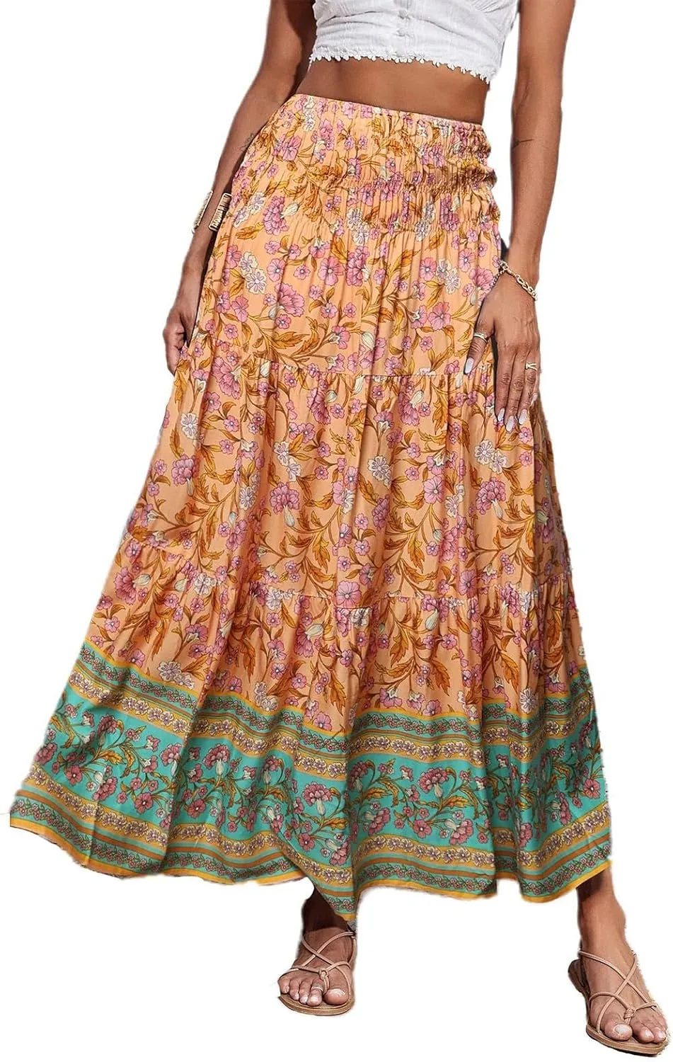 Maxi Skirt for Women Boho Summer Tiered Drawstring High Waisted Skirts Pleated Aline Skirts Elegant Long Skirt