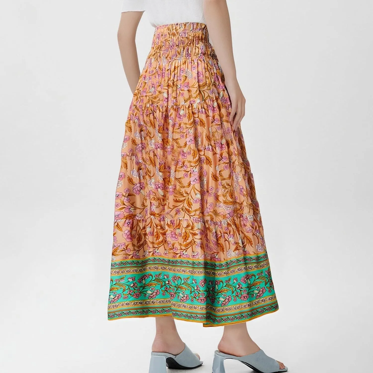 Maxi Skirt for Women Boho Summer Tiered Drawstring High Waisted Skirts Pleated Aline Skirts Elegant Long Skirt