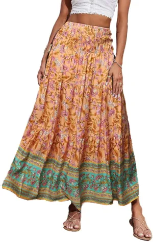 Maxi Skirt for Women Boho Summer Tiered Drawstring High Waisted Skirts Pleated Aline Skirts Elegant Long Skirt