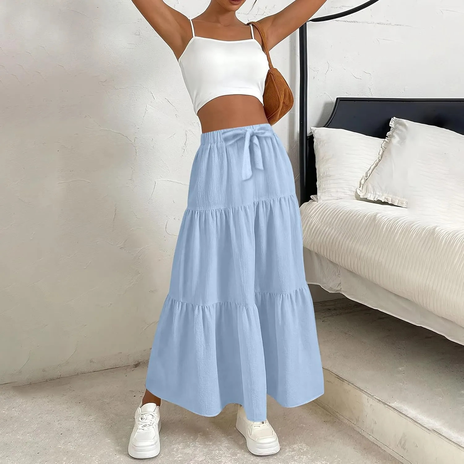 Maxi Skirt for Women Summer Drawstring High Waisted Aline Skirts Swing Tiered Ruffle Long Beach Skirt (S-2Xl)
