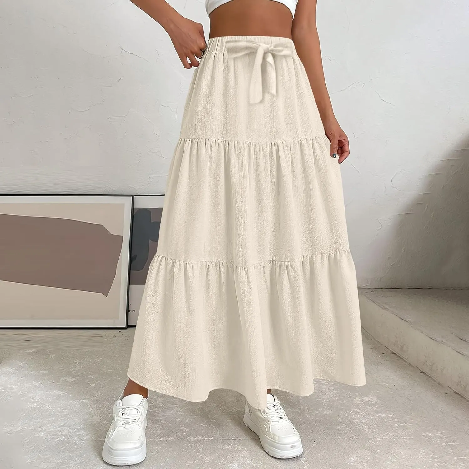 Maxi Skirt for Women Summer Drawstring High Waisted Aline Skirts Swing Tiered Ruffle Long Beach Skirt (S-2Xl)