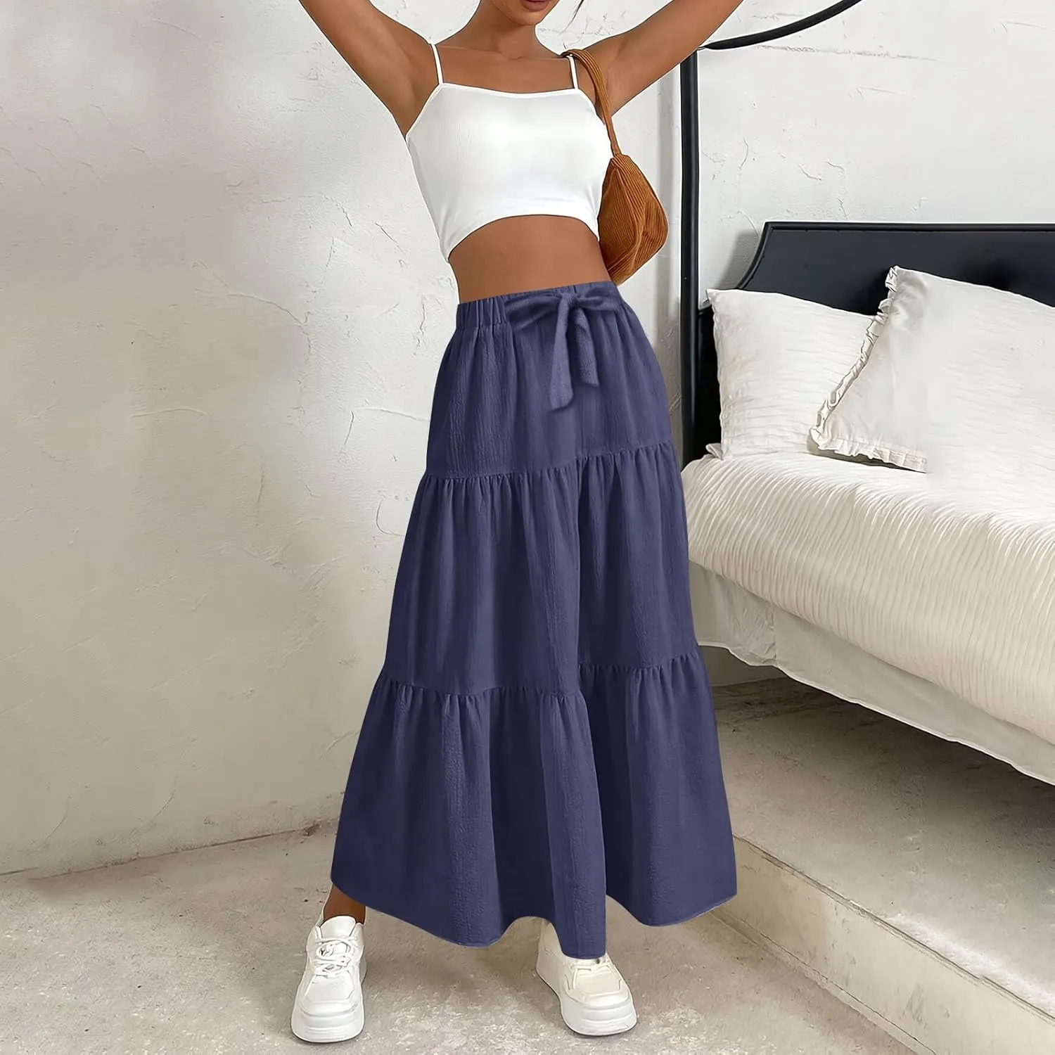 Maxi Skirt for Women Summer Drawstring High Waisted Aline Skirts Swing Tiered Ruffle Long Beach Skirt (S-2Xl)