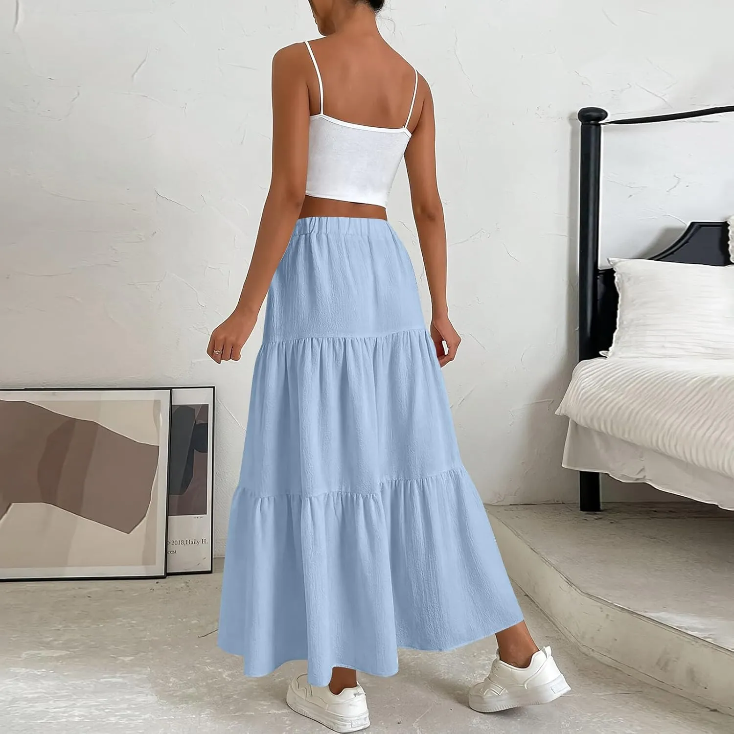 Maxi Skirt for Women Summer Drawstring High Waisted Aline Skirts Swing Tiered Ruffle Long Beach Skirt (S-2Xl)