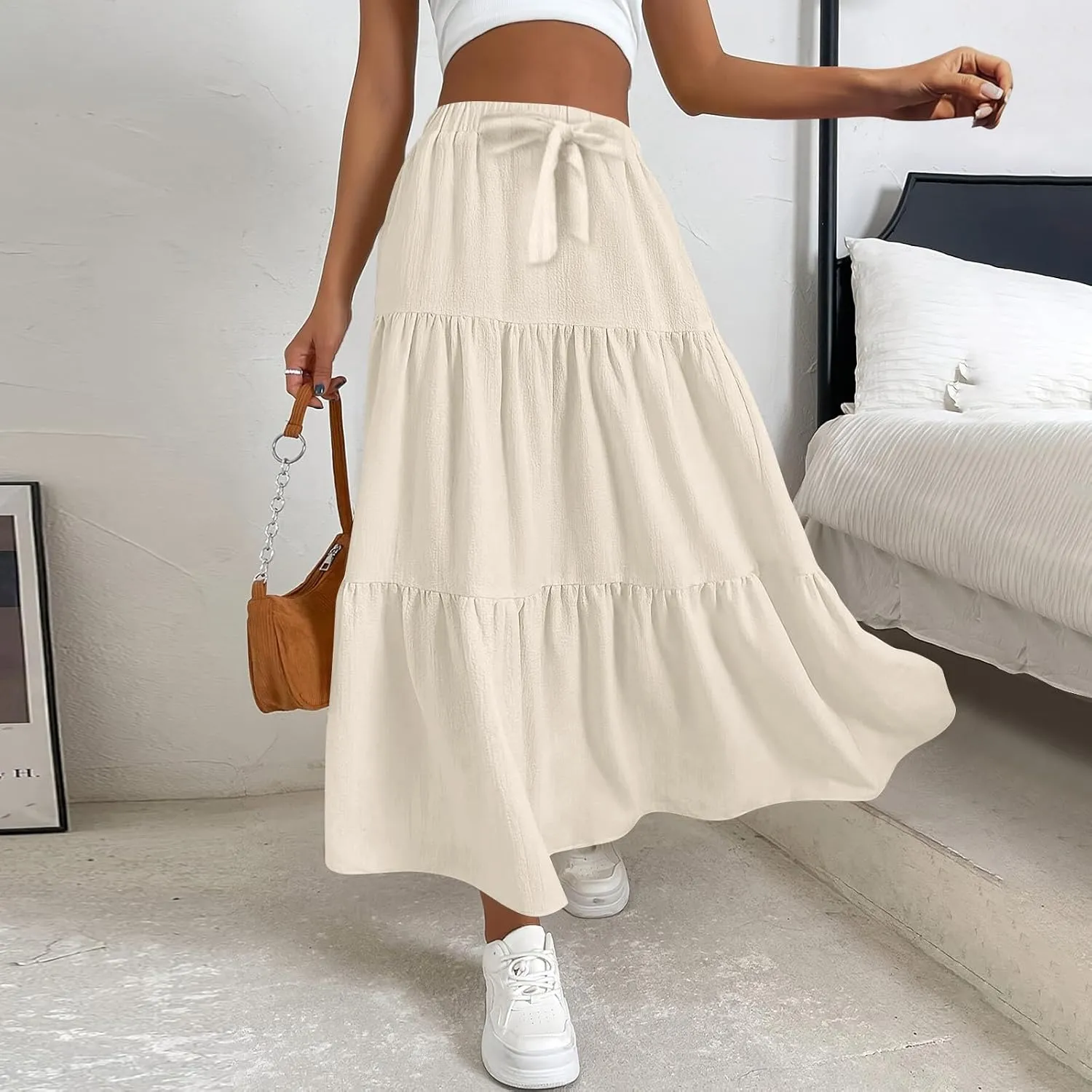 Maxi Skirt for Women Summer Drawstring High Waisted Aline Skirts Swing Tiered Ruffle Long Beach Skirt (S-2Xl)