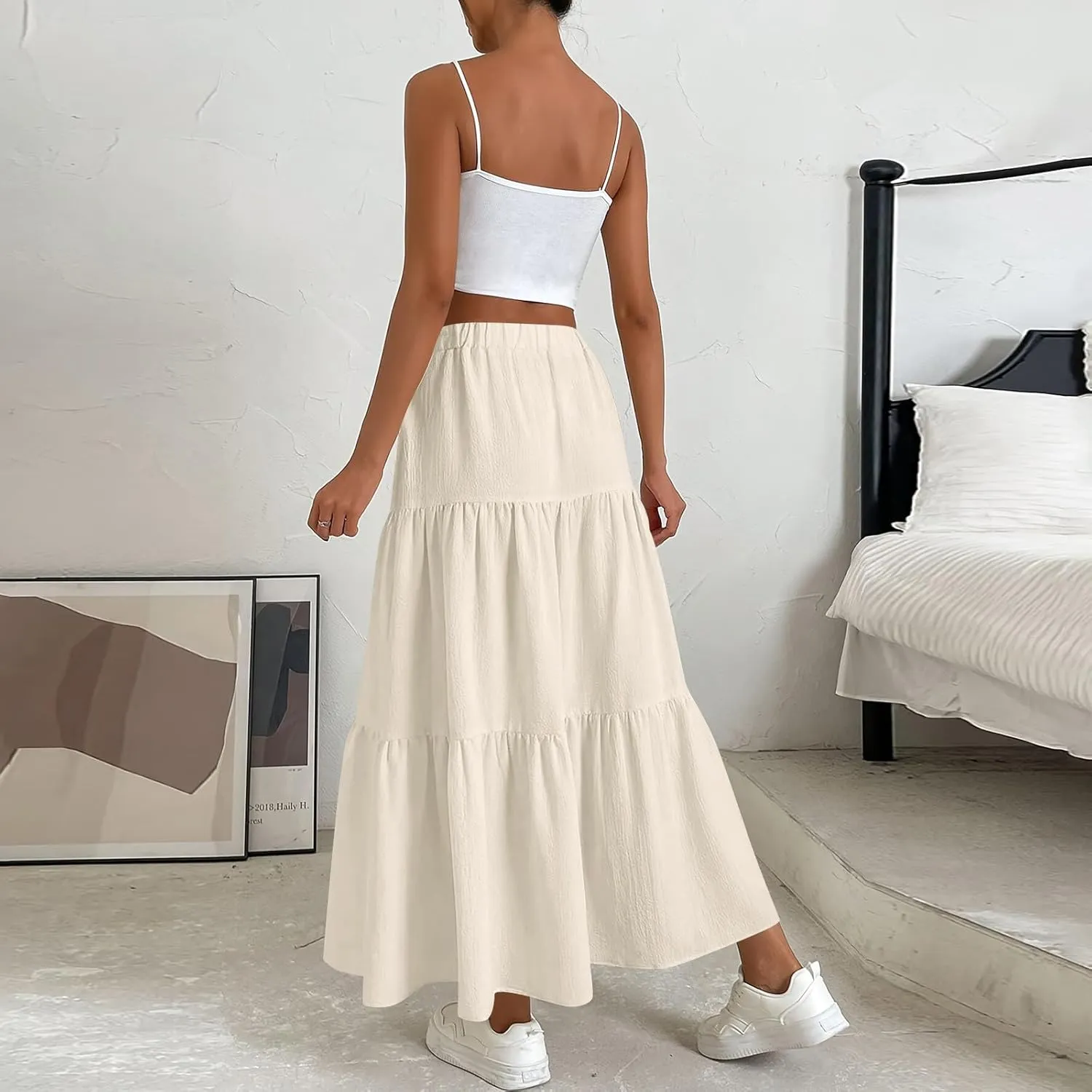 Maxi Skirt for Women Summer Drawstring High Waisted Aline Skirts Swing Tiered Ruffle Long Beach Skirt (S-2Xl)