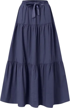 Maxi Skirt for Women Summer Drawstring High Waisted Aline Skirts Swing Tiered Ruffle Long Beach Skirt (S-2Xl)