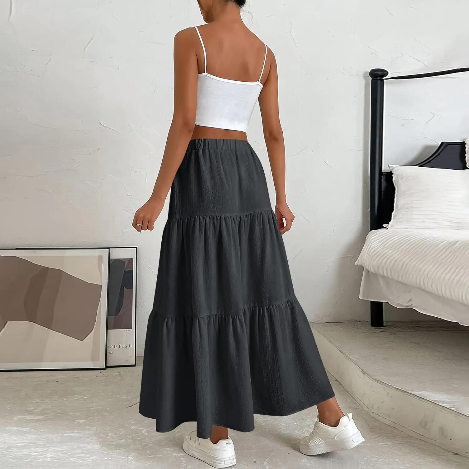 Maxi Skirt for Women Summer Drawstring High Waisted Aline Skirts Swing Tiered Ruffle Long Beach Skirt (S-2Xl)