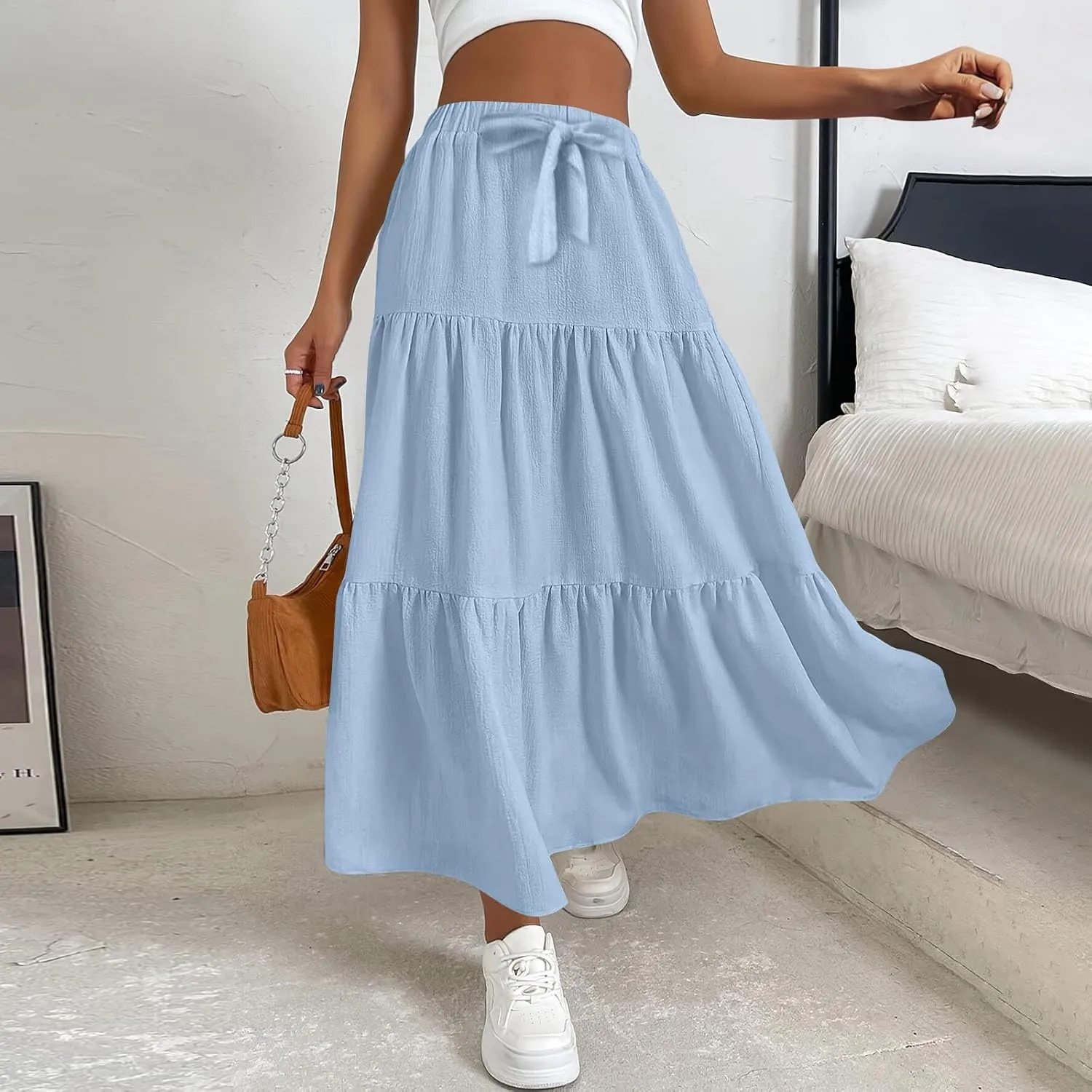 Maxi Skirt for Women Summer Drawstring High Waisted Aline Skirts Swing Tiered Ruffle Long Beach Skirt (S-2Xl)