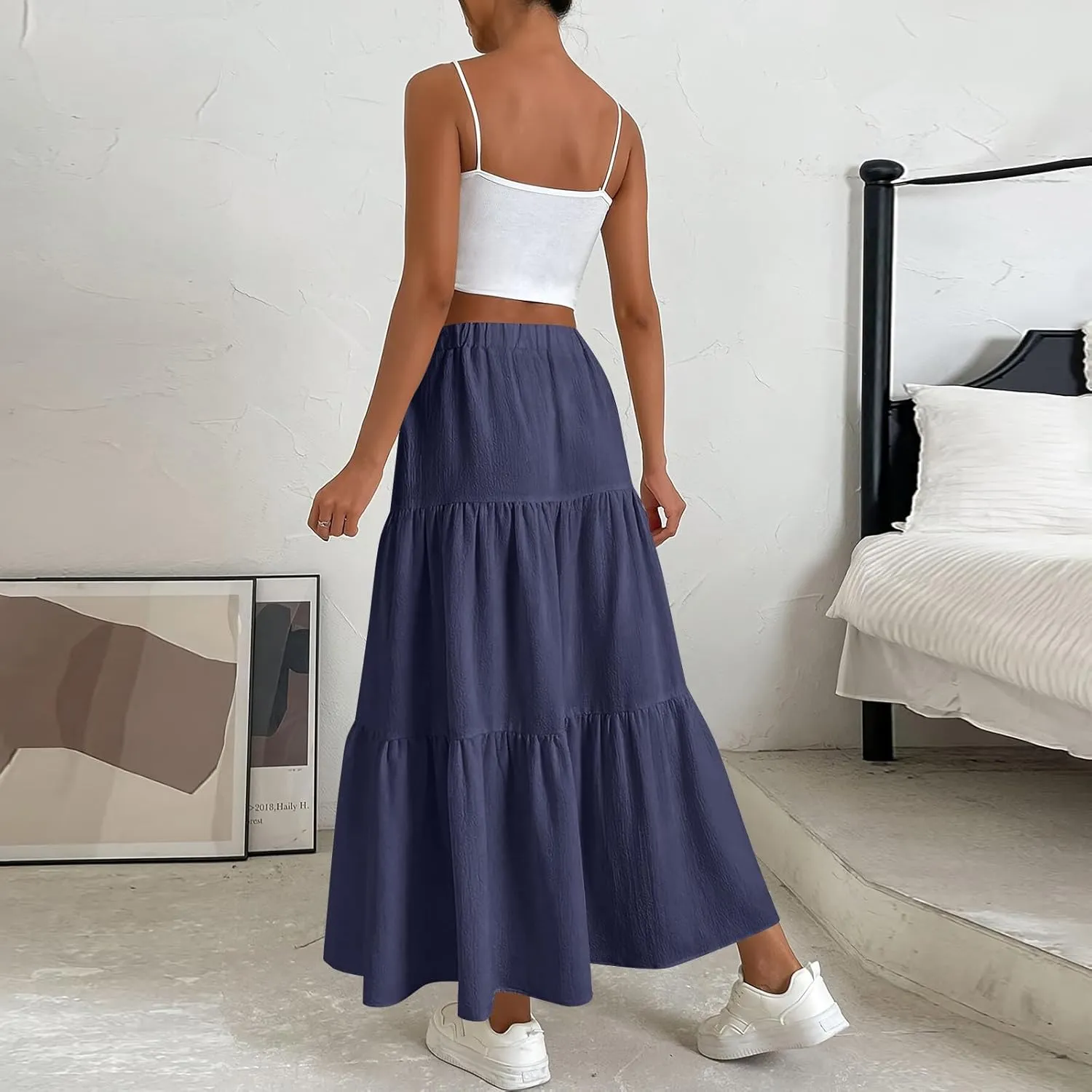 Maxi Skirt for Women Summer Drawstring High Waisted Aline Skirts Swing Tiered Ruffle Long Beach Skirt (S-2Xl)