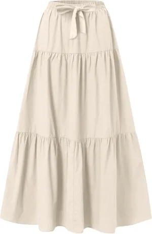 Maxi Skirt for Women Summer Drawstring High Waisted Aline Skirts Swing Tiered Ruffle Long Beach Skirt (S-2Xl)