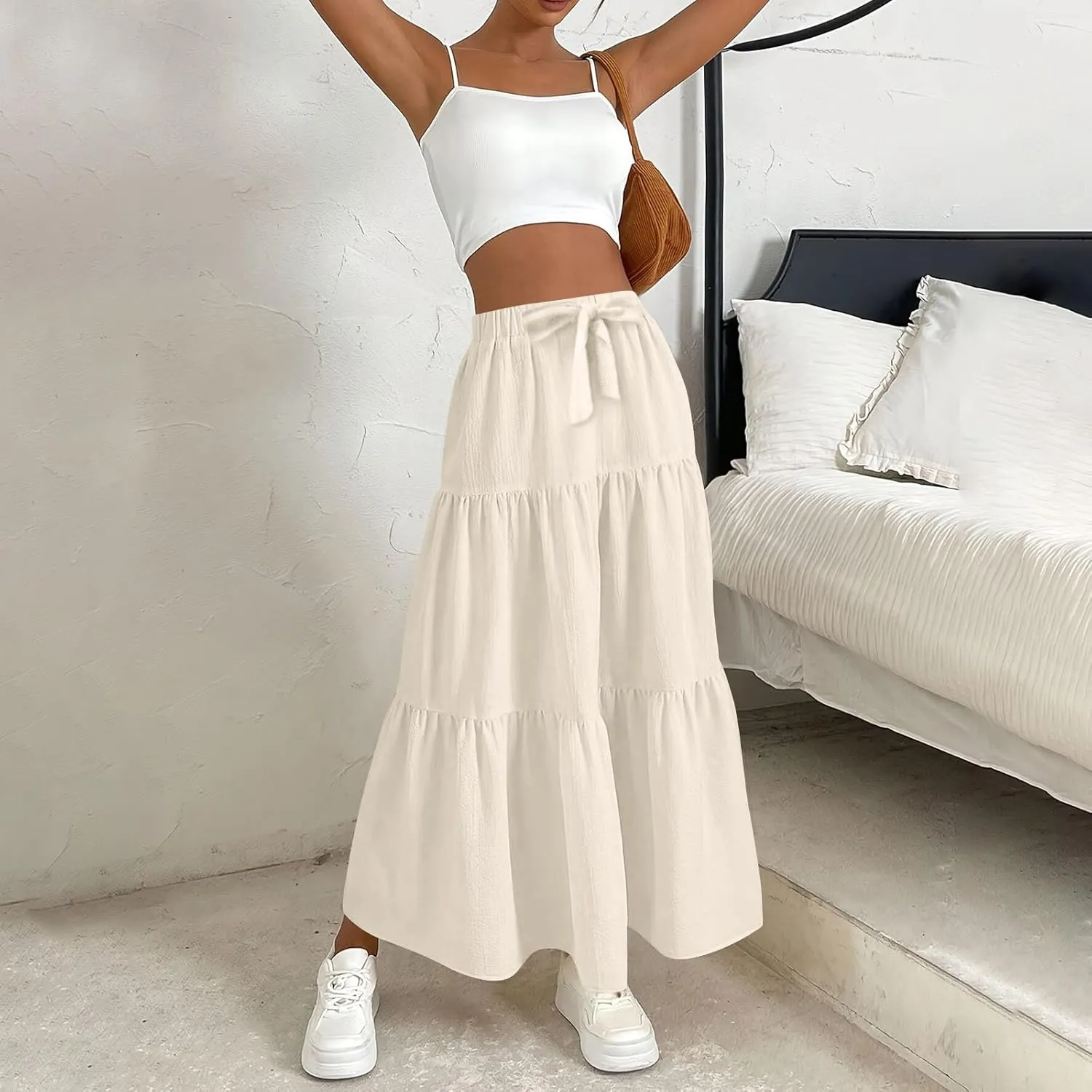 Maxi Skirt for Women Summer Drawstring High Waisted Aline Skirts Swing Tiered Ruffle Long Beach Skirt (S-2Xl)