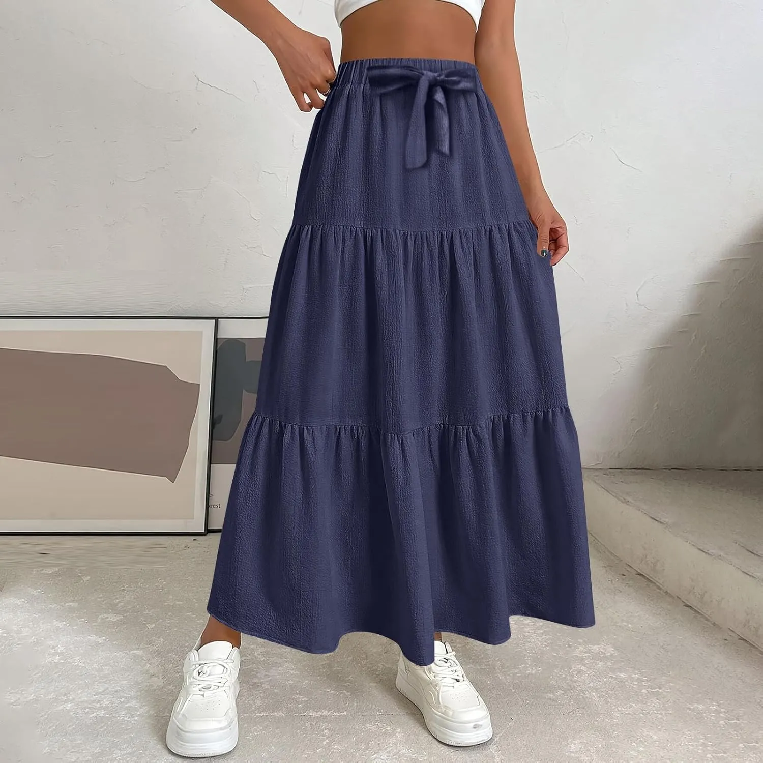 Maxi Skirt for Women Summer Drawstring High Waisted Aline Skirts Swing Tiered Ruffle Long Beach Skirt (S-2Xl)