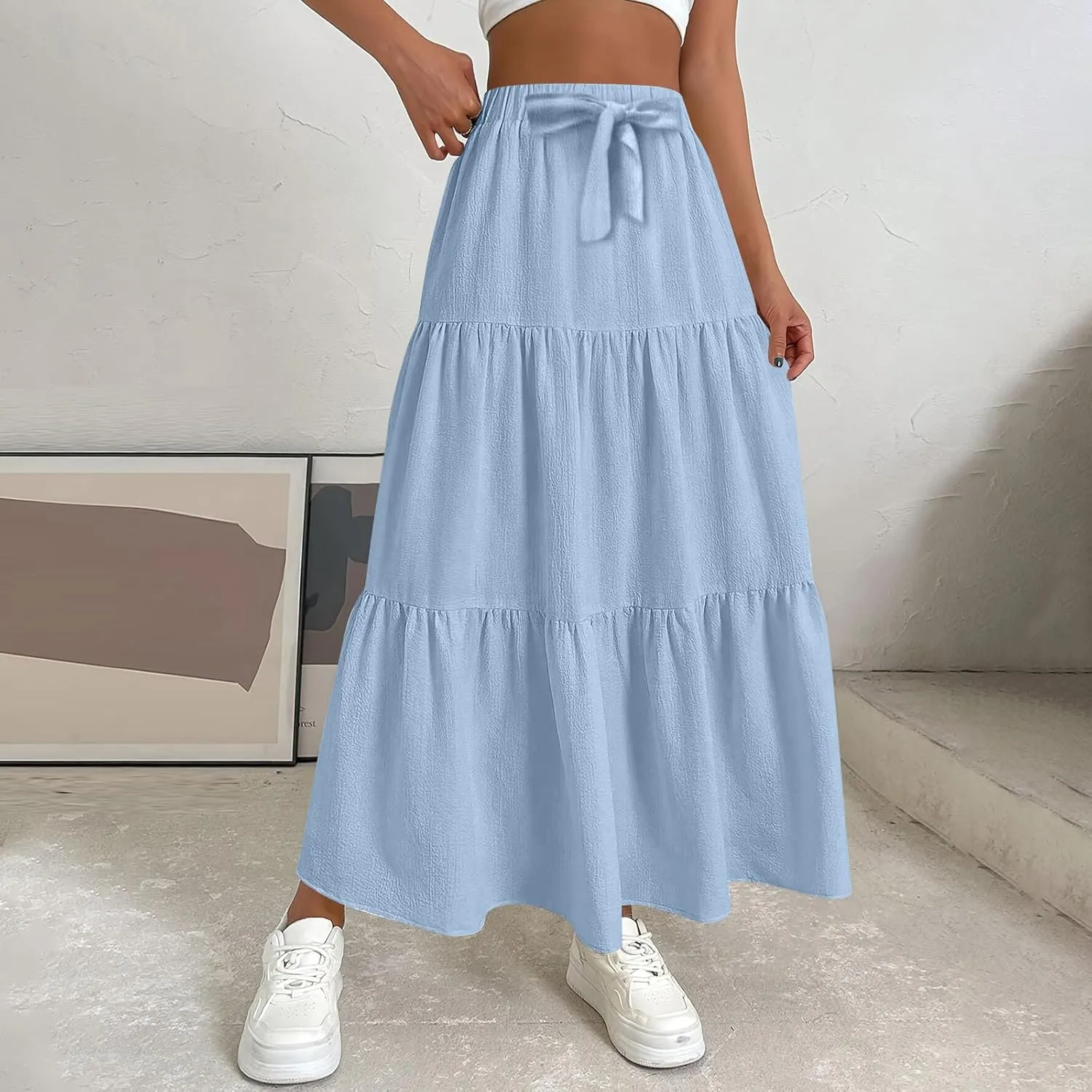 Maxi Skirt for Women Summer Drawstring High Waisted Aline Skirts Swing Tiered Ruffle Long Beach Skirt (S-2Xl)