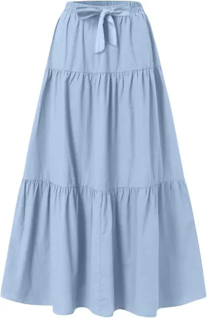 Maxi Skirt for Women Summer Drawstring High Waisted Aline Skirts Swing Tiered Ruffle Long Beach Skirt (S-2Xl)