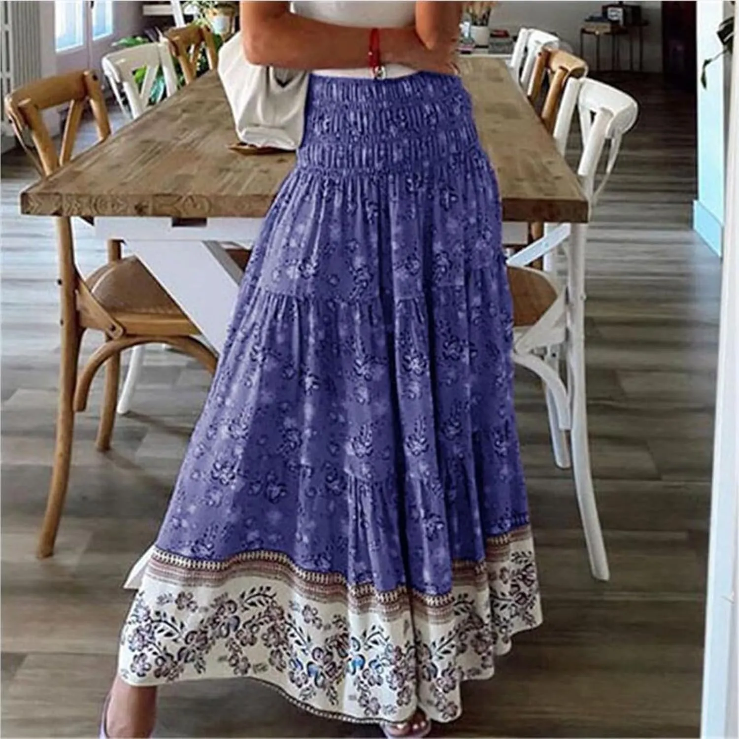Maxi Skirts for Women 2025 Summer Drawstring High Waisted A-Line Skirts Work Layered Tiered Smocked Skirt Long