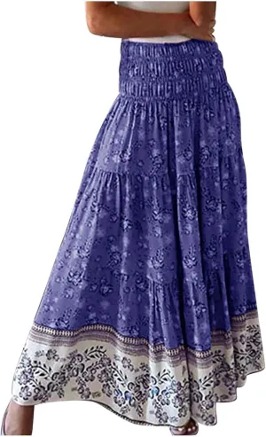 Maxi Skirts for Women 2025 Summer Drawstring High Waisted A-Line Skirts Work Layered Tiered Smocked Skirt Long