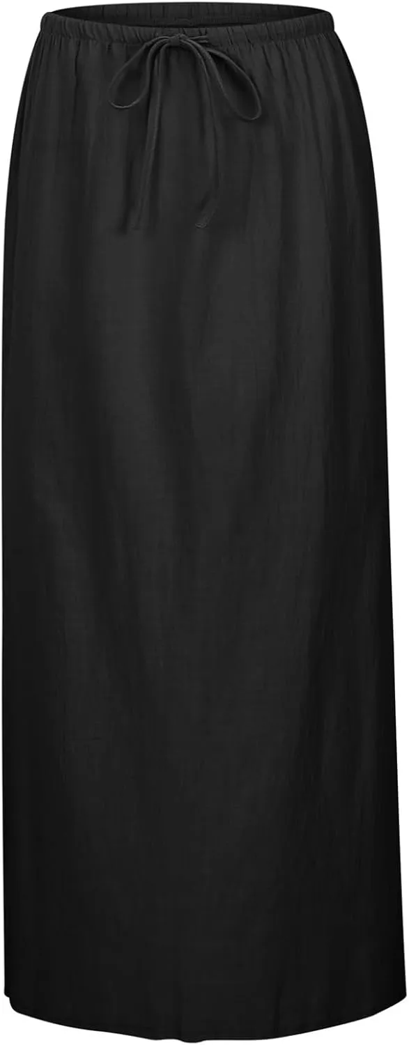 Maxi Skirts for Women Summer Cotton Linen Long Skirts Boho Casual Flowy Skirt Drawstring Waist A Line Skorts Trendy