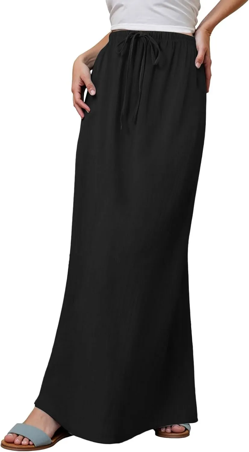 Maxi Skirts for Women Summer Cotton Linen Long Skirts Boho Casual Flowy Skirt Drawstring Waist A Line Skorts Trendy