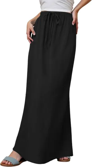 Maxi Skirts for Women Summer Cotton Linen Long Skirts Boho Casual Flowy Skirt Drawstring Waist A Line Skorts Trendy