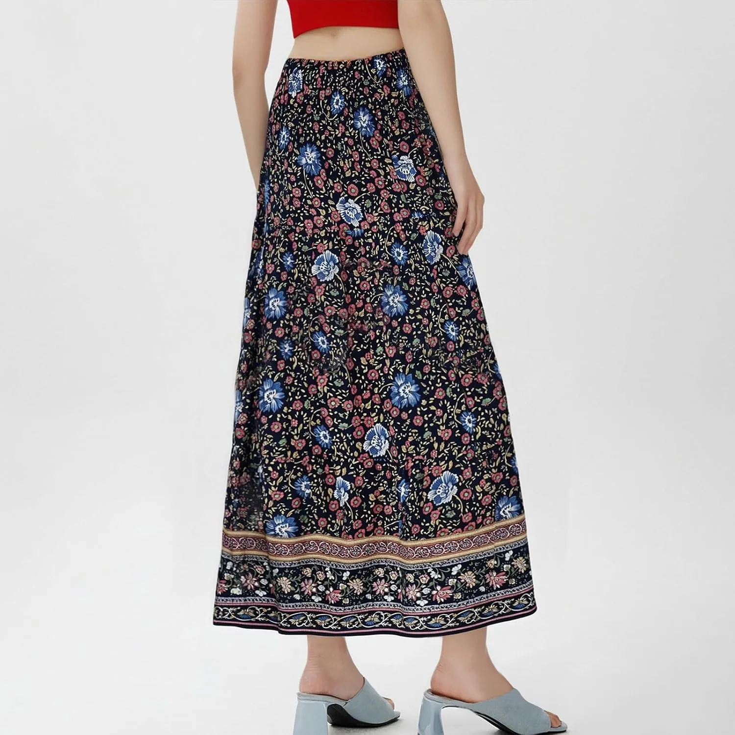 Maxi Skirts for Women Summer Drawstring Elastic High Waisted Pleated 3-Layer Tiered Aline Skirt Beach Long Skirts