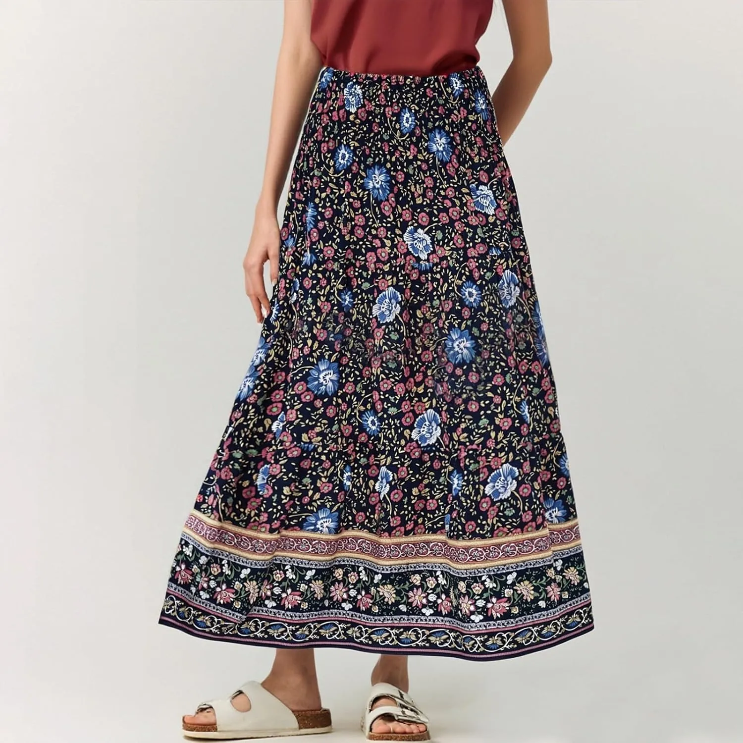 Maxi Skirts for Women Summer Drawstring Elastic High Waisted Pleated 3-Layer Tiered Aline Skirt Beach Long Skirts