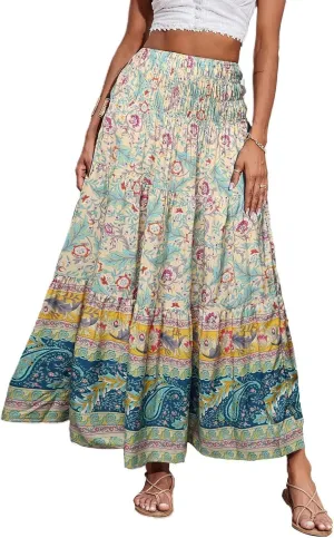 Maxi Skirts for Women Summer Drawstring Elastic High Waisted Pleated 3-Layer Tiered Aline Skirt Beach Long Skirts