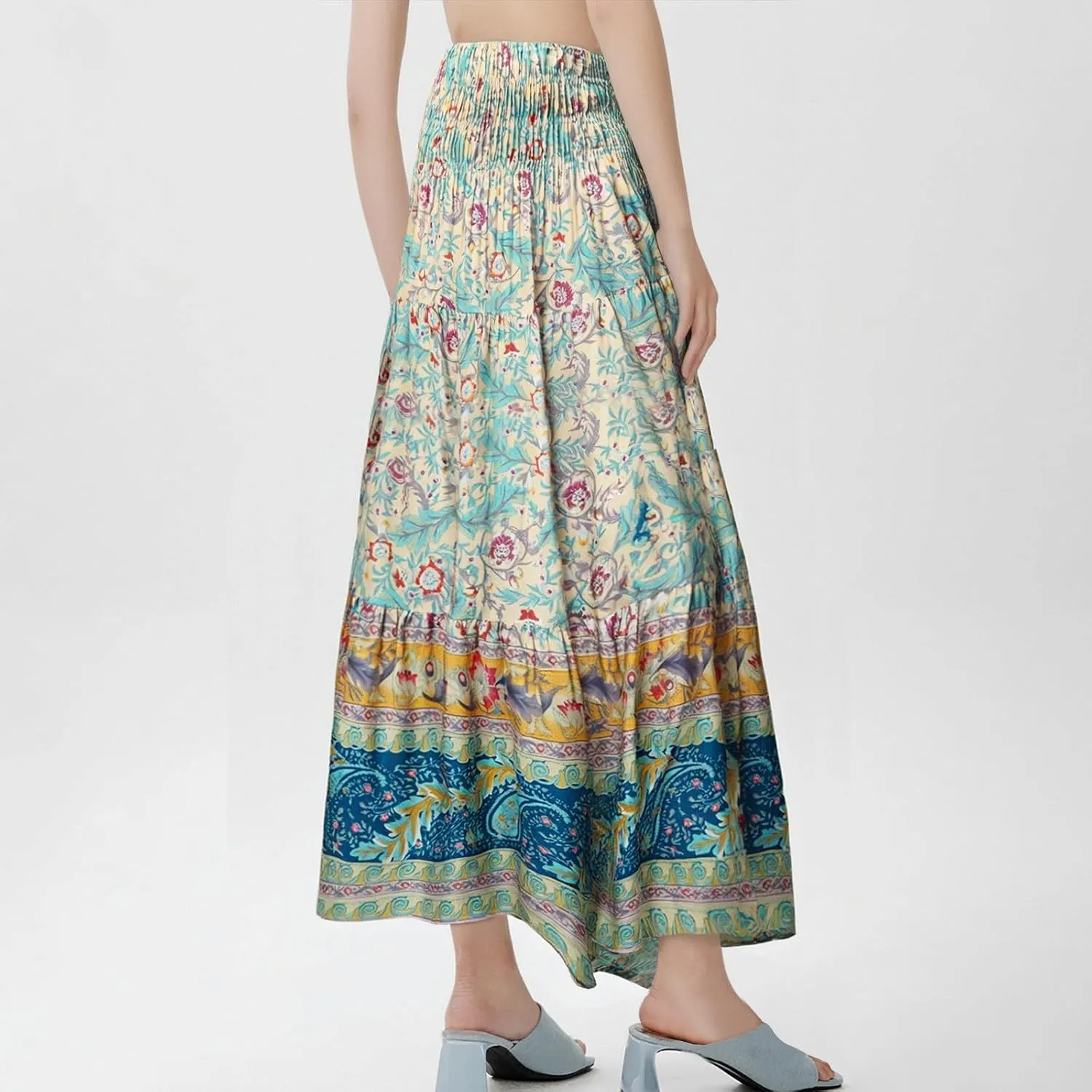 Maxi Skirts for Women Summer Drawstring Elastic High Waisted Pleated 3-Layer Tiered Aline Skirt Beach Long Skirts